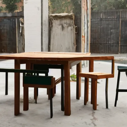 Prompt: a dining set made from pure recycled materials, conceptual art