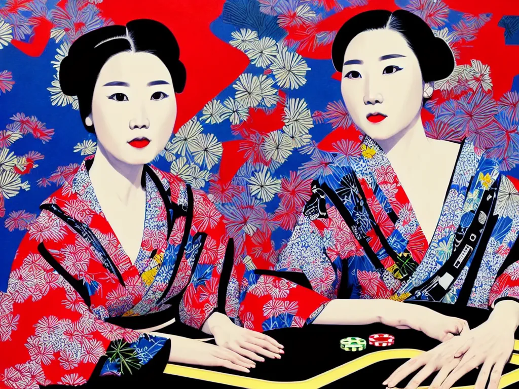 Image similar to hyperrealistic composition of the detailed woman in a japanese kimono sitting at a extremely detailed poker table with hyperdetailed darth vader, fireworks, mountain fuji on the background, pop - art style, jacky tsai style, andy warhol style, acrylic on canvas