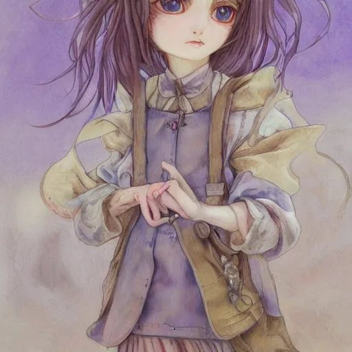 Image similar to little elf tomboy, tunic, soft hair. light color palate, purple, yellow and white. detailed soft painting, ayami kojima, made in abyss, anatomically correct, inspired in balthus, high detailed face anime