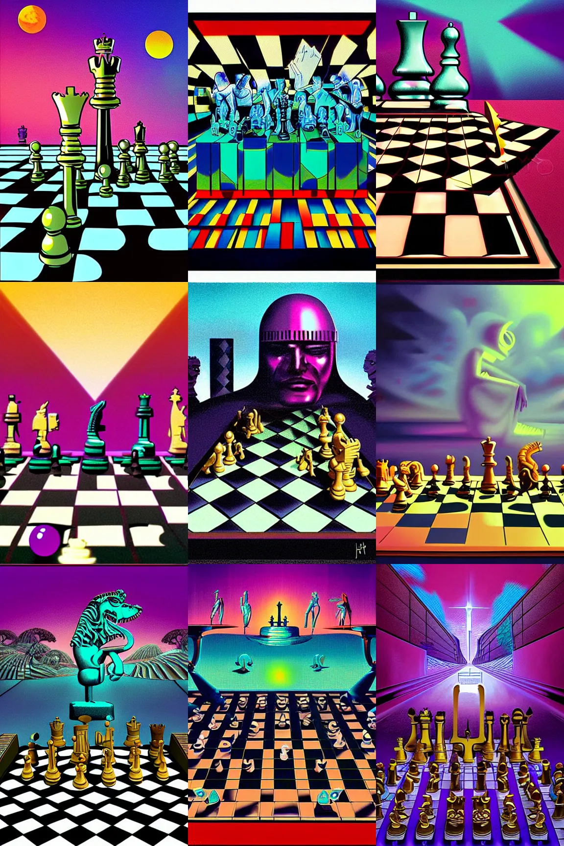 Prompt: surreal chess, 80s style synthwave, lofi, matte colors, by Jeff easley, digital art