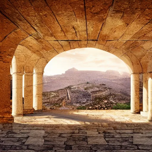 Image similar to Cinematic view of ancient fantasy walls with greek architecture surrounded by vast desert; fantasy art