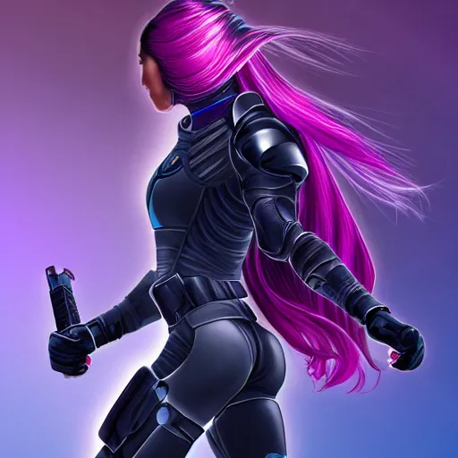 Image similar to a award winning action upper body portrait of a beautiful woman with a ombre purple pink hairstyle with head in motion and hair flying while wearing futuristic navy blue bodyarmor and pauldrons, outrun, vaporware, highly detailed, fine detail, intricate