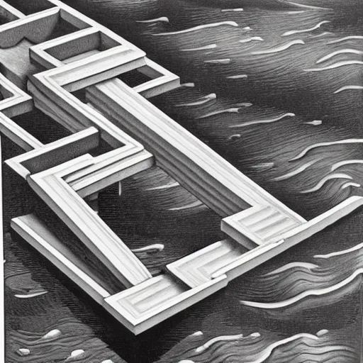 Prompt: M.C. Escher painting of an infinity pool on the edge of the Atlantic Ocean