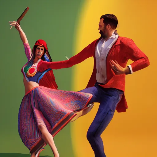 Prompt: A hyper real comic book style portait painting of a forró dance couple, brazilian colors, unreal 5, hyperrealistic, octane render, cosplay, RPG portrait, dynamic lighting