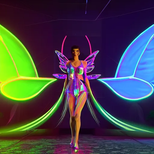 Prompt: neon fluorescent, iridescent young ornella muti with fairy wings cyperpunk 2 0 7 7, unreal engine 5, 8 k ultra realistic, hyperdetailed, volumetric lighting, extremely high quality