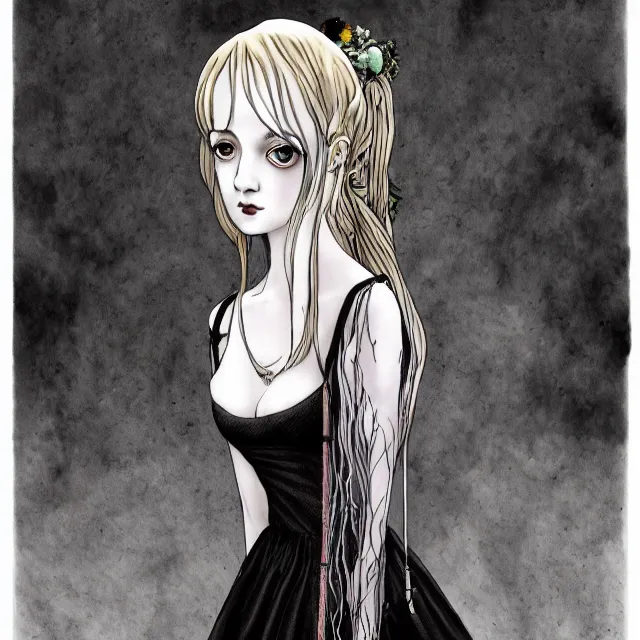 Prompt: a painting of a pale gothic girl in a beautiful dress by junji ito, dark fantasy art, high detail, trending on artstation