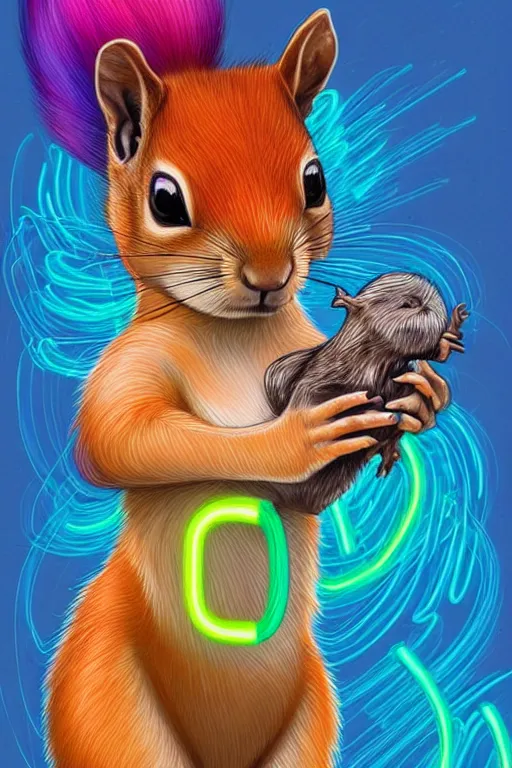 Prompt: a award winning half body portrait of a squirrel with stunning eyes in a croptop and cargo pants with rainbow colored hair, outlined by whirling illuminated neon lines and fine lines swirling in circles by jesper ejsing and rhads and makoto and shinkai and lois van baarle, digital art, trending on artstation