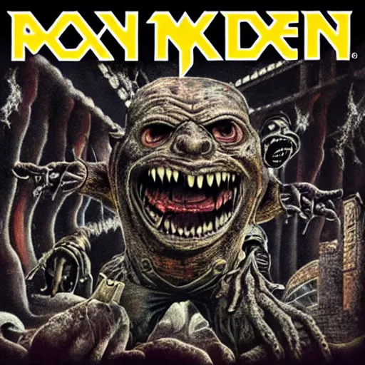 Prompt: boglins on iron maiden album cover, 8 k resolution hyperdetailed scary dystopian surrealism