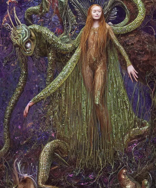Prompt: a portrait photograph of sadie sink as a strong alien harpy queen with amphibian skin. she is dressed in a emerald lace shiny metal slimy organic membrane catsuit and transforming into a snake antilope. by donato giancola, walton ford, ernst haeckel, peter mohrbacher, hr giger. 8 k, cgsociety, fashion editorial