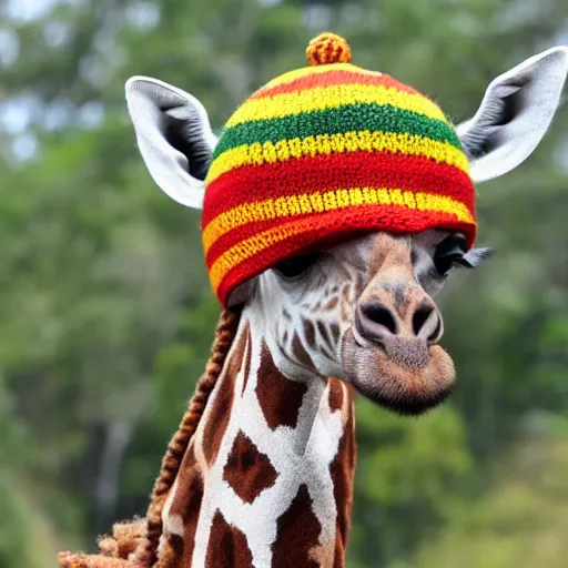 Prompt: A full shot of a giraffe with a knitted Rastafarian hat, dreadlocks, 8k