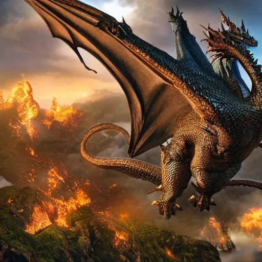 Image similar to Smaug the dragon flying over lake town The Hobbit