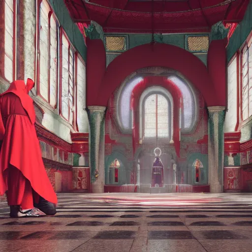 Prompt: praying nun in red clothes staying in the middle of abandoned huge temple, matte painting, hyper realistic render, cryengine, unreal engine, cyberpunk 2077