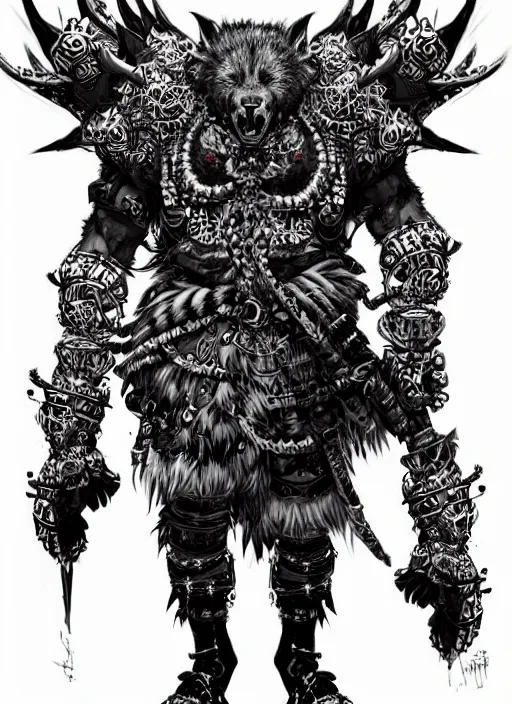 Prompt: Full body portrait of a tall gnoll berserker in ornate outfit with white fur, emanating menacing aura, vibrant colours, chosen by the god, ornate. In style of Yoji Shinkawa and Hyung-tae Kim, trending on ArtStation, dark fantasy, great composition, concept art, highly detailed, dynamic pose.