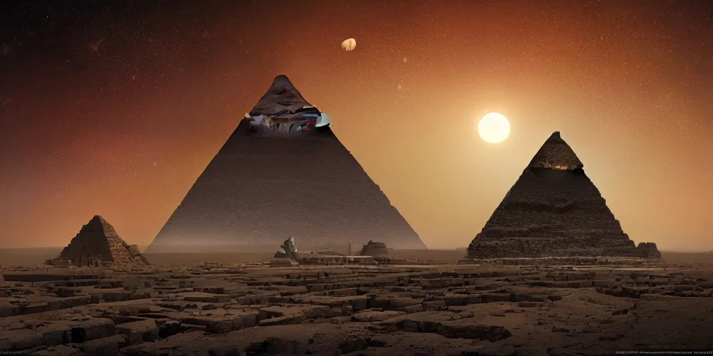 Image similar to huge asteroid impacting the pyramids, a lot of flying debris, greg rutkowski, 8 k, shallow depth of field, full moon, ultra high detail, concept art,