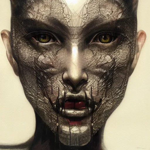 Image similar to Kiko Mizuhara, physically accurate, dramatic dynamic lighting, intricate, elegant, highly detailed, digital painting, artstation, very hyperrealistic, very HR GIGER, Hieronymus Bosch, Francis Bacon, concept art, smooth, sharp focus, illustration, nightmare, somber, very beautiful, fashion photoshoot, cover image, art by artgerm and greg rutkowski and alphonse mucha