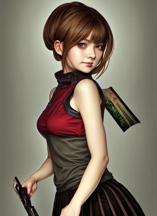 Image similar to portrait of a full body of beautiful young female detective, d & d, sleeveless turtleneck, pleated skirt, fantasy, flat lighting, intricate, highly detailed, digital painting, artstation, concept art, smooth, sharp focus, illustration, misa amane, art by simon bisley and greg rutkowski and alphonse mucha, natural tpose