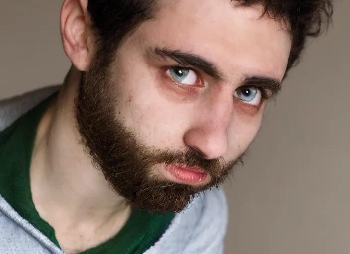 Prompt: hyper - realistic kodachrome medium shot portrait of an attractive ethereal 2 7 year - old male, of polish and greek descent with pale skin, black spiky hair and green eyes. medium - large size nose. a very short small beard with philtrum gaps. in the style of steve mccurry. looking at the camera.