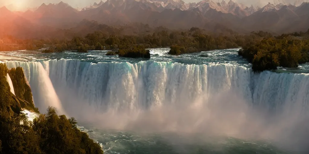 Image similar to cascade of multiple gigantic niagara falls in the himalaya, epic mountains, dawn, sunrise colors, fantasy illustration, matte painting, concept art, low angle shot, volumetric lighting, volumetric atmosphere, morning mist, art by james gurney, unreal engine 5, 8 k