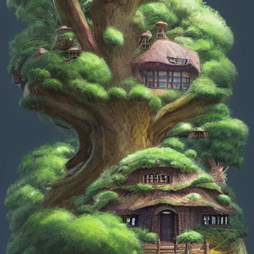 Image similar to House in a giant tree with a ghibli studio style, Artstation, concept art, 4k, 8k, high detailed