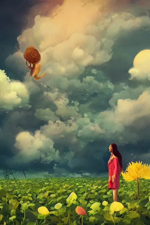 Image similar to closeup, girl with giant flower head, monsteras overhead, surreal photography, wind and cold, dramatic sky, impressionist painting, digital painting, artstation, simon stalenhag