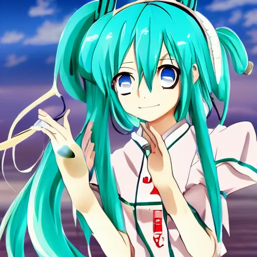 Image similar to Hatsune Miku in anime style cooking in the beach, high quality, pixiv