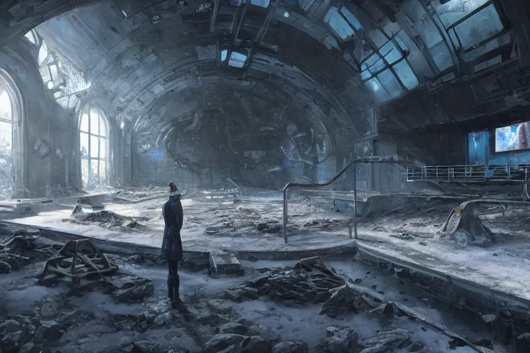 Prompt: A beautiful hyper realistic detailed matte painting of the inside of an ice-cold abandoned alien science station, dynamic lighting, cinematic lighting, unreal engine, featured on artstation