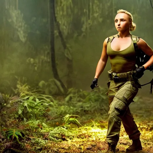 Prompt: cinematic scene with hayden panettiere as a commando in the jungle joining the ballte, action scene, dramatic, small details, volumetric lighting, ground mist, smoke, still frame