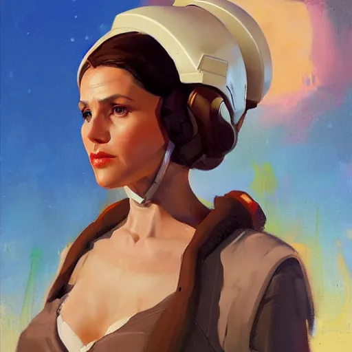 Image similar to greg manchess portrait painting of leia organa as overwatch character, medium shot, asymmetrical, profile picture, organic painting, sunny day, matte painting, bold shapes, hard edges, street art, trending on artstation, by huang guangjian and gil elvgren and sachin teng