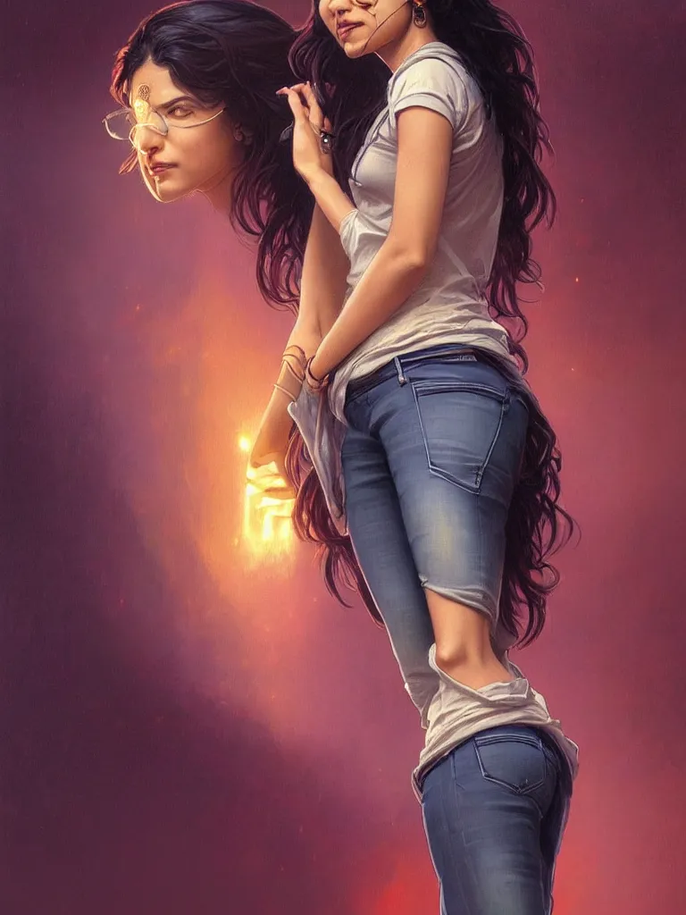 Prompt: Anxious pretty young Indian doctor wearing jeans leaving a plane, portrait, sci-fi face, elegant, highly detailed, digital painting, artstation, concept art, smooth, sharp focus, illustration, art by artgerm and greg rutkowski and alphonse mucha