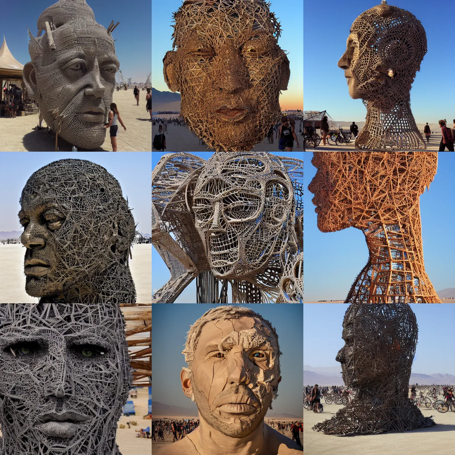 Prompt: giant sculpture of boris johnon's head at burning man, intricate, complex, impressive, enormous, very detailed
