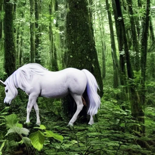 Prompt: unicorn caught on hidden camera in the forest