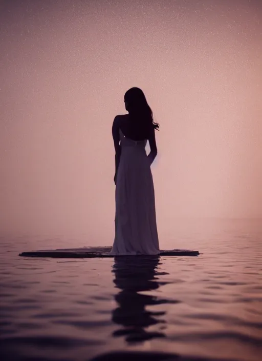 Image similar to symmetry!! a 2 8 mm macro photo of a woman in a formal gown emerging from a lake, misty, morning, splash art, movie still, bokeh, canon 5 0 mm, cinematic lighting, dramatic, film, photography, golden hour, depth of field, award - winning, anamorphic lens flare, 8 k, hyper detailed, 3 5 mm film grain