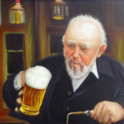 Prompt: detailed oil painting of an old irishman drinking beer at a pub