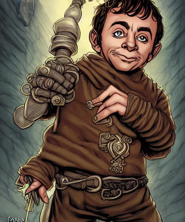 Prompt: a ( fantasy comic ) ( cover art ) portrait of a halfling burglar who looks like ( rick moranis ), digital illustration by jenny frison and sana takeda and kentaro miura, fine inking lines, dnd, highly detailed!, hd, 4 k, trending on artstation