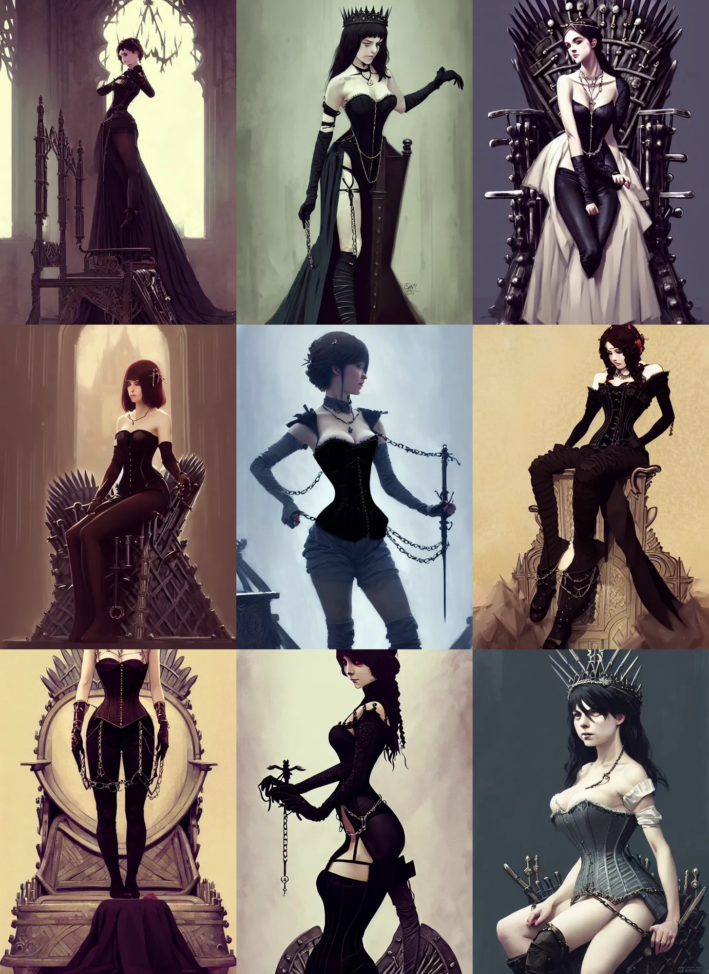 Prompt: an elegant beautiful gothic princess, very tight corset, chains, sitting on iron throne, full body, style of ilya kuvshinov and greg rutkowski, masterpiece, very high quality, intricate, high resolution