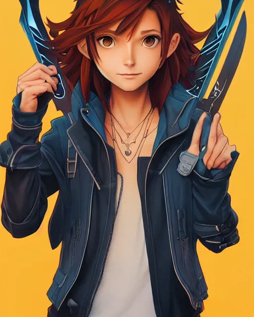 Prompt: loish, artgerm, joshua middleton art, rafeal albuquerque, pretty sora from kingdom hearts holding the artemis keyblade, realistic hands, sarcastic smile, symmetrical eyes, symmetrical face, jean jacket, jeans, short hair, middle shot, night time, deep blacks