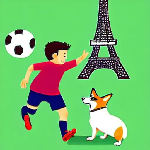 Image similar to illustration of french boy playing football with a corgi wearing a polkadot scarf in front of the eiffel tower