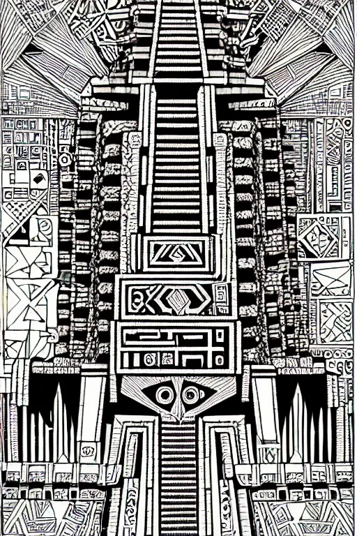 Image similar to a black and white drawing of a mayan temple, a detailed mixed media collage by hiroki tsukuda and eduardo paolozzi and moebius, intricate linework, sketchbook psychedelic doodle comic drawing, geometric, street art, polycount, deconstructivism, matte drawing, academic art, constructivism