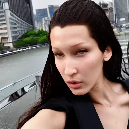 Image similar to bella hadid taking a selfie in seoul, photorealistic, dynamic light, ultra detailed