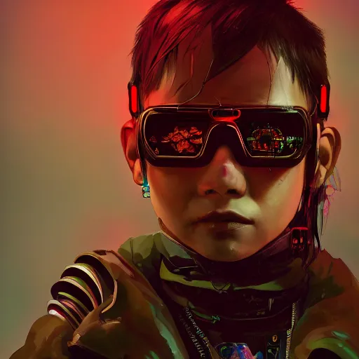 Prompt: highly detailed portrait of a young cyberpunk El Chapulin Colorado, neon, by Dustin Nguyen, Akihiko Yoshida, Greg Tocchini, Greg Rutkowski, Cliff Chiang, 4k resolution, nier:automata inspired, bravely default inspired, cyberpunk background