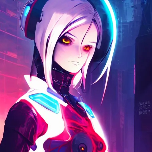 Prompt: anime cyberpunk movie still animatrix, small female android cyborg - angel, glowing red left eye and glowing blue right eye, cinematic lighting, advanced digital cyberpunk art, in the style of arcane, wlop, rossdraws sakimimichan, ilya kuvshinov, krenz cushart, greg rutkowski - c 1 5