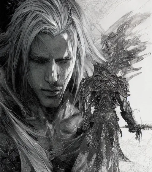 Prompt: sephiroth, pen and ink, intricate line drawings, by craig mullins, ruan jia, kentaro miura, greg rutkowski, loundraw