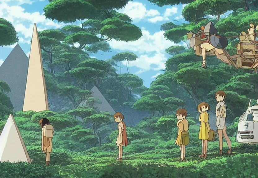 Image similar to a movie still from a studio ghibli film showing several large white pyramids and a golden ufo in the amazon jungle. by studio ghibli