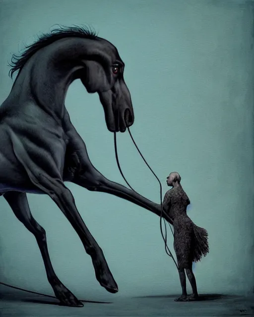 Image similar to painting of hybrid between black weimaraner & horse! & intercrossed animal, by zdzislaw beksinski, by mattias adolfsson, by tiffany bozic, cold hue's, warm tone gradient background, concept art, single object scene, beautiful composition, digital painting