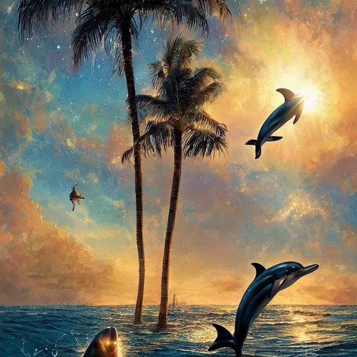 Prompt: dolphin swimming, golden hour, god rays, by artgerm and ismail inceoglu and greg olsen, palm trees, cosmos, milky way galaxy, masterpiece, beautiful, intricate, elegant, highly detailed