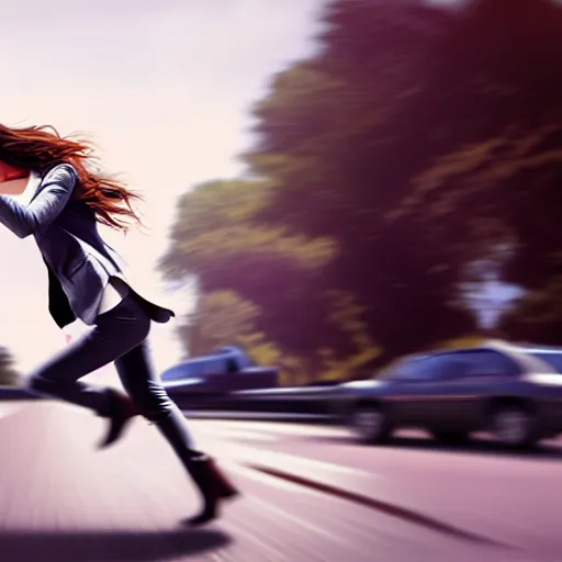 Image similar to pretty women dodging a moving car, photorealistic, in the style of greg rutkowski, detailed face, full body