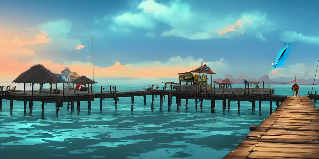 Image similar to pulau indah jetty fishing town in the morning, detailed matte painting, low angle view, telephoto lens, bokeh, studio ghibli, artstation