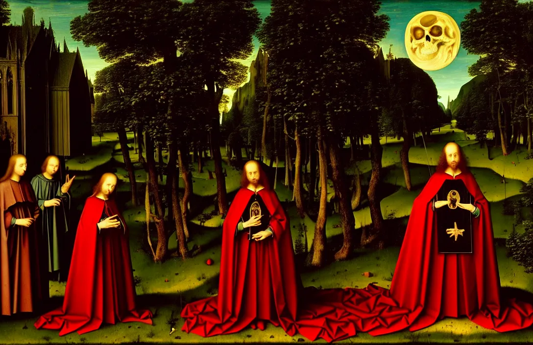 Prompt: altarpiece death roll intact flawless ambrotype from 4 k criterion collection remastered cinematography gory horror film, ominous lighting, evil theme wow photo realistic postprocessing visuals excite moon visible through the trees has its own distinctive quality quite unlike any other painting by jan van eyck