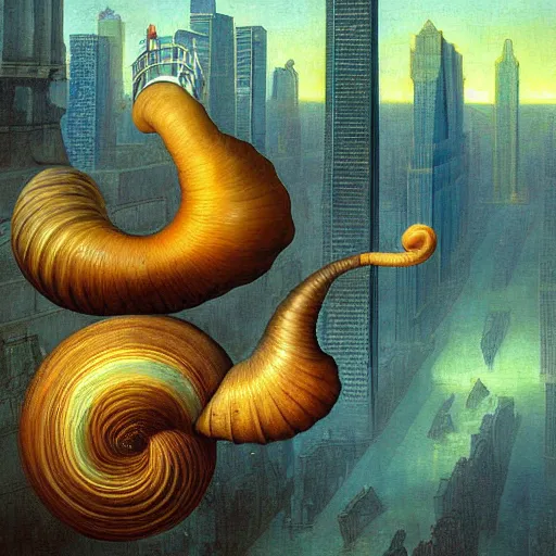 Image similar to a giant snail stands over a city painting by barlowe, behsinski colors. masterpiece painting