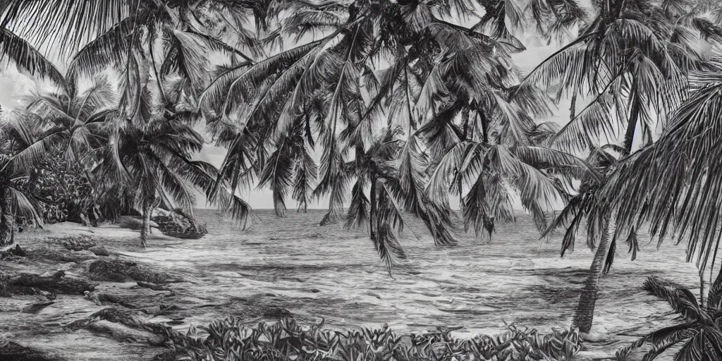 Image similar to tropical island, 8 k, high resolution, detailed charcoal drawing, beautiful hd, art nouveau, concept art, colourful artwork, in the style of axel aabrink